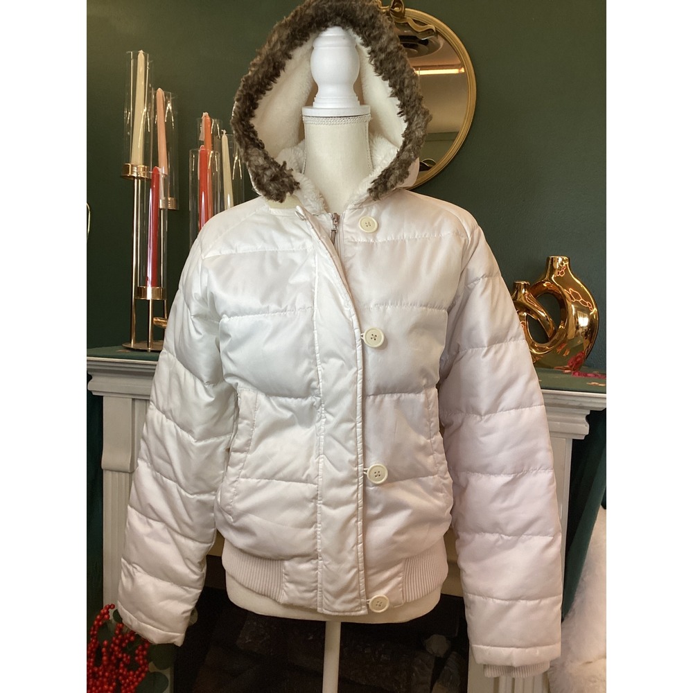 Polo Jeans Co Down Puffer Jacket Women Medium White Good‎ Faux Fur Hood Bomber